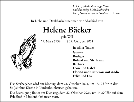 Traueranzeige von Helene Bäcker von Nassauische Neue Presse