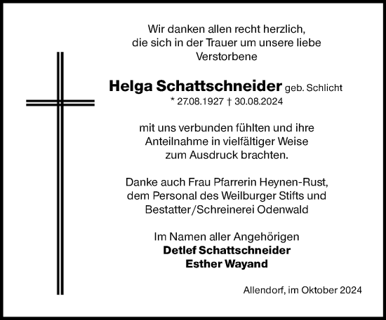 Traueranzeige von Helga Schattschneider von Weilburger Tageblatt