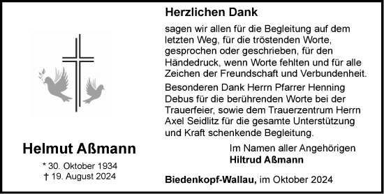 Traueranzeige von Helmut Aßmann von Hinterländer Anzeiger