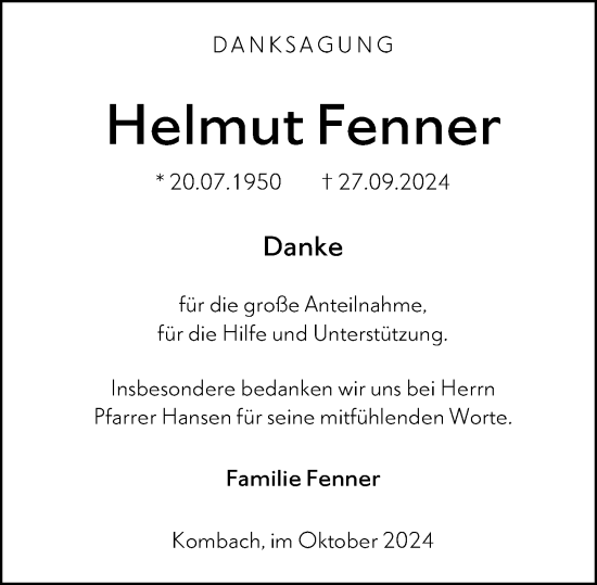 Traueranzeige von Helmut Fenner von Hinterländer Anzeiger