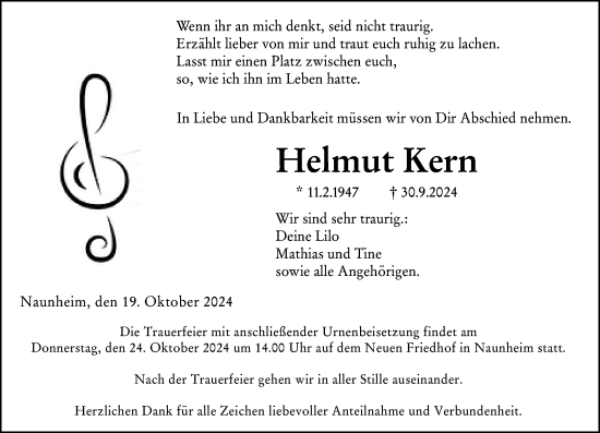 Traueranzeige von Helmut Kern von Wetzlarer Neue Zeitung