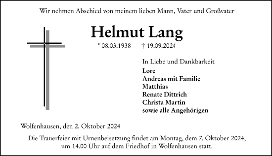 Traueranzeige von Helmut Lang von Weilburger Tageblatt