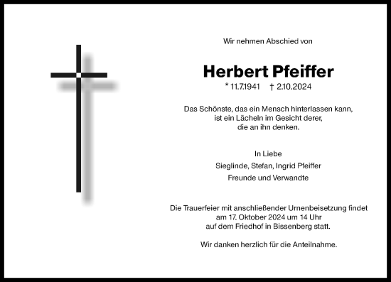 Traueranzeige von Herbert Pfeiffer von Wetzlarer Neue Zeitung