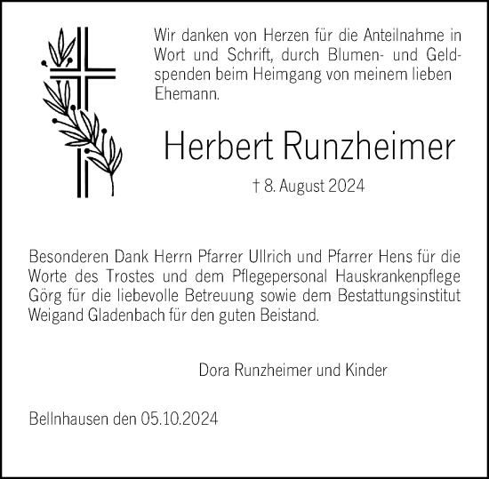 Traueranzeige von Herbert Runzheimer von Hinterländer Anzeiger