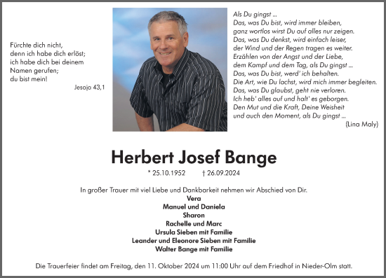 Traueranzeige von Herbert Josef Bange von Allgemeine Zeitung Mainz