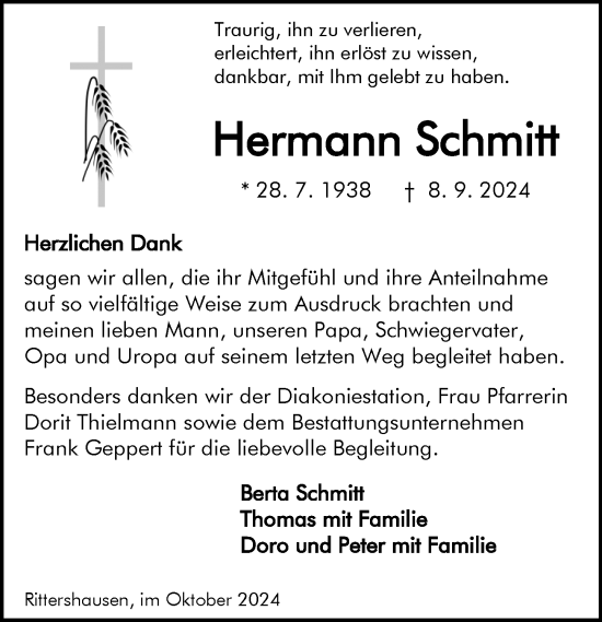 Traueranzeige von Hermann Schmitt von Dill Block