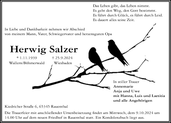 Traueranzeige von Herwig Salzer von Wiesbadener Kurier