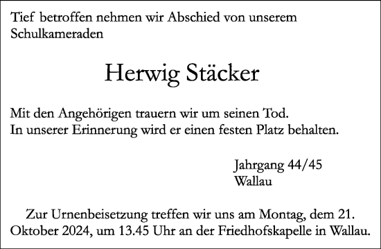 Traueranzeige von Herwig Stäcker von Hinterländer Anzeiger