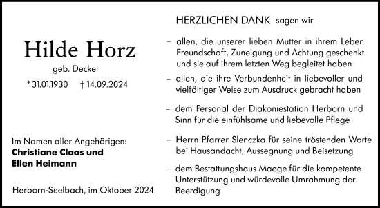Traueranzeige von Hilde Horz von Dill Block
