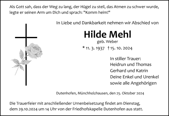 Traueranzeige von Hilde Mehl von Wetzlarer Neue Zeitung