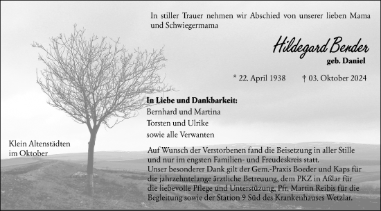Traueranzeige von Hildegard Bender von Wetzlarer Neue Zeitung