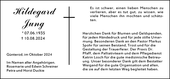 Traueranzeige von Hildegard Jung von Hinterländer Anzeiger