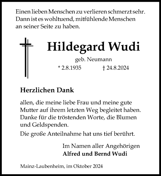 Traueranzeige von Hildegard Wudi von Allgemeine Zeitung Mainz