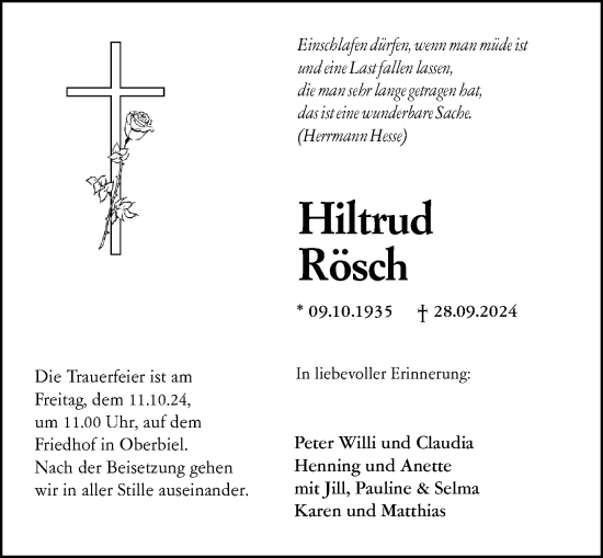 Traueranzeige von Hiltrud Rösch von Wetzlarer Neue Zeitung