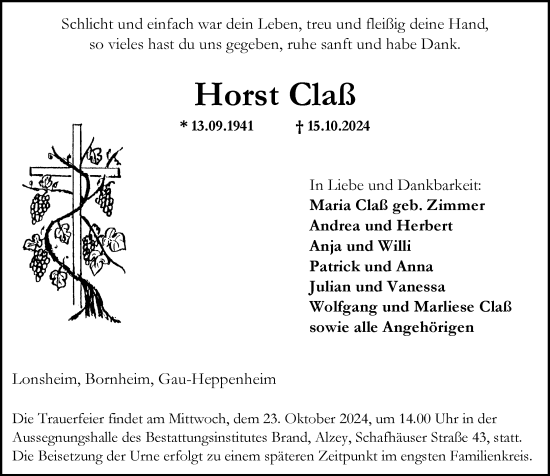 Traueranzeige von Horst Claß von Allgemeine Zeitung Alzey
