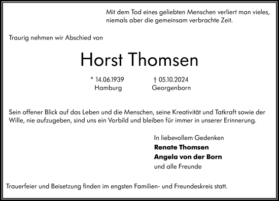Traueranzeige von Horst Thomsen von Wiesbadener Kurier