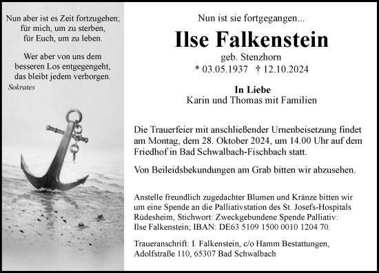 Traueranzeige von Ilse Falkenstein von Wiesbadener Kurier