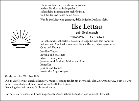 Traueranzeige von Ilse Lettau von Wetzlarer Neue Zeitung
