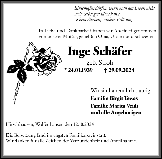 Traueranzeige von Inge Schäfer von Weilburger Tageblatt