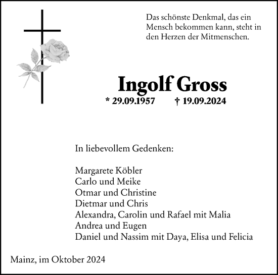 Traueranzeige von Ingolf Gross von Allgemeine Zeitung Mainz