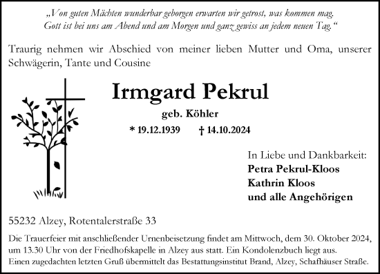 Traueranzeige von Irmgard Pekrul von Allgemeine Zeitung Alzey