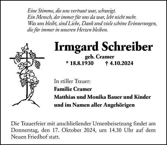 Traueranzeige von Irmgard Schreiber von Hochheimer Zeitung