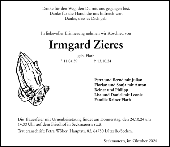 Traueranzeige von Irmgard Zieres von Odenwälder Echo