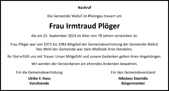 Traueranzeige von Irmtraud Plöger von Rheingau Kurier