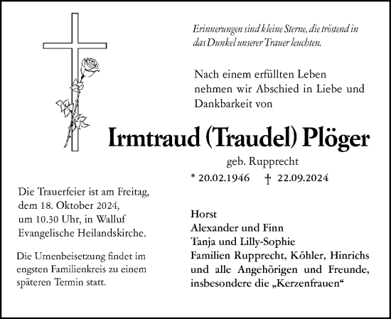 Traueranzeige von Irmtraud Plöger von Rheingau Kurier
