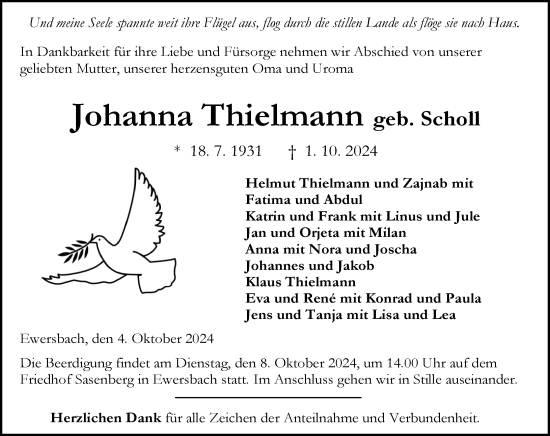 Traueranzeige von Johanna Thielmann von Dill Block
