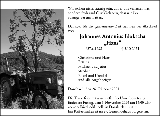 Traueranzeige von Johannes Antonius Blokschan von Dill Block
