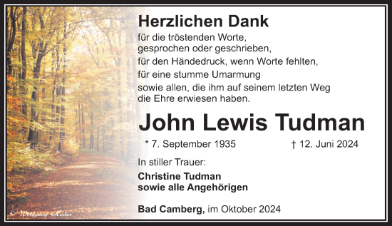 Traueranzeige von John Lewis Tudman von Camberger Anzeiger