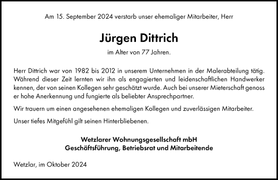 Traueranzeige von Jürgen Dittrich von Wetzlarer Neue Zeitung
