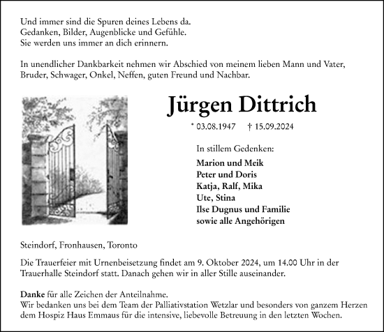 Traueranzeige von Jürgen Dittrich von Wetzlarer Neue Zeitung