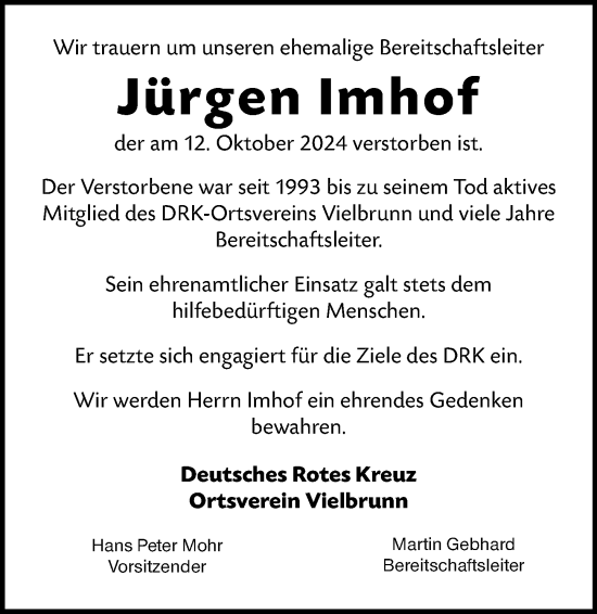 Traueranzeige von Jürgen Imhof von Odenwälder Echo