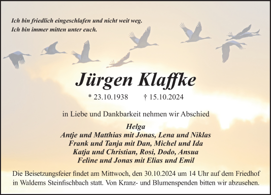Traueranzeige von Jürgen Klaffke von Camberger Anzeiger