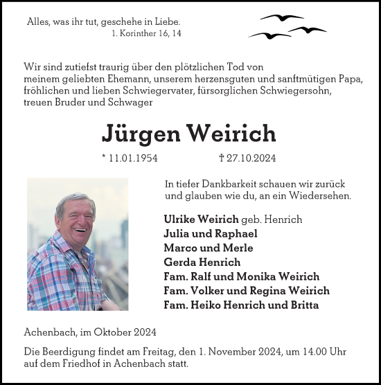 Traueranzeige von Jürgen Weirich von Hinterländer Anzeiger
