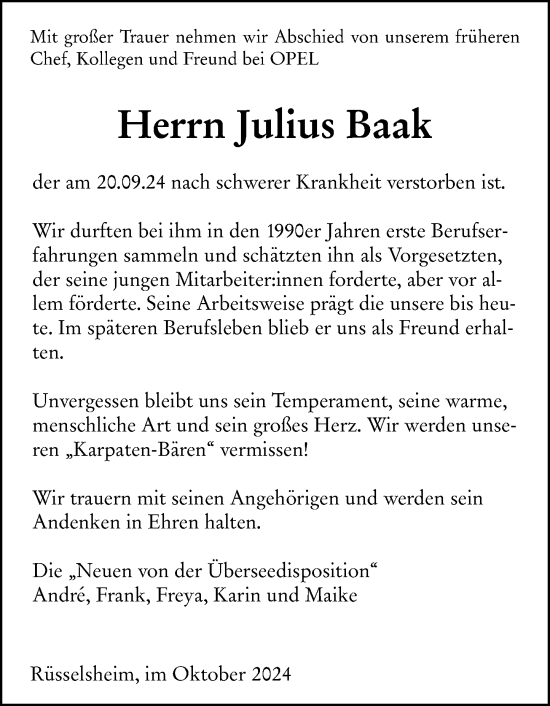 Traueranzeige von Julius Baak von Rüsselsheimer Echo