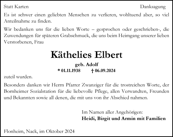 Traueranzeige von Käthelies Elbert von Allgemeine Zeitung Alzey