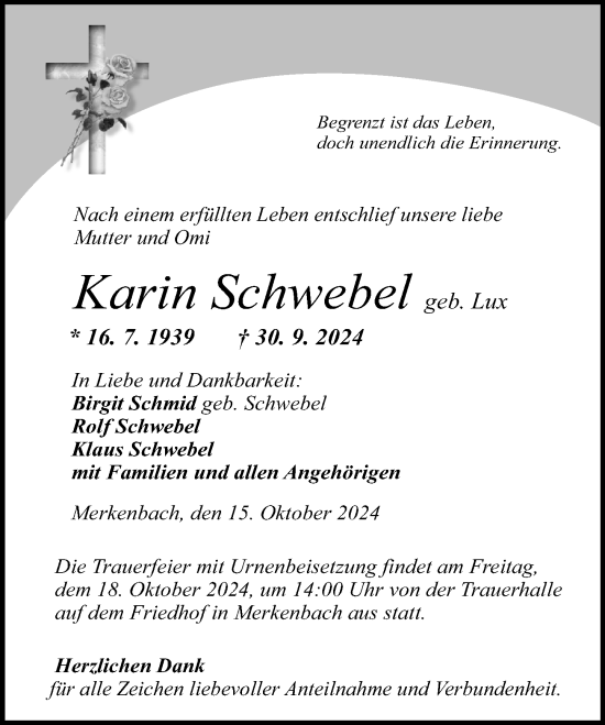 Traueranzeige von Karin Schwebel von Dill Block