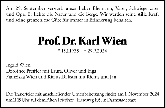 Traueranzeige von Karl Wien von Darmstädter Echo