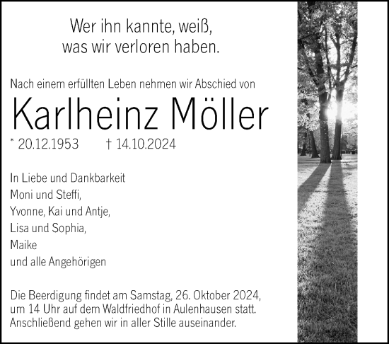 Traueranzeige von Karlheinz Möller von Weilburger Tageblatt