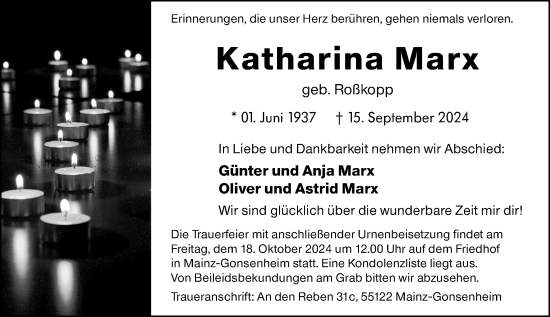 Traueranzeige von Katharina Marx von Allgemeine Zeitung Mainz
