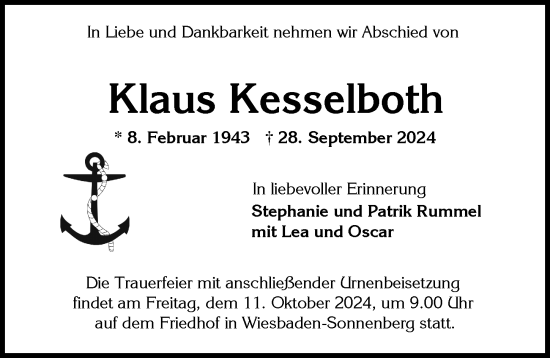 Traueranzeige von Klaus Kesselboth von Wiesbadener Kurier