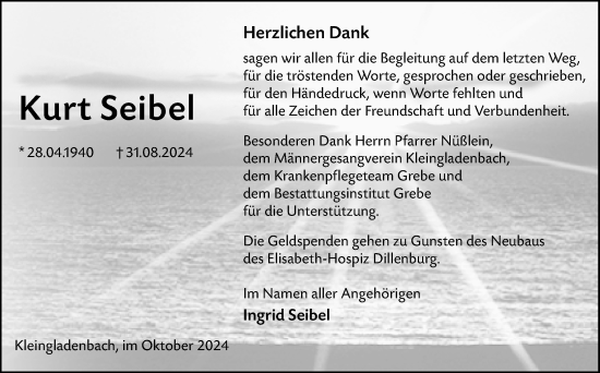 Traueranzeige von Kurt Seibel von Hinterländer Anzeiger