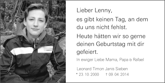 Traueranzeige von Leonard Timon Janis Sieben von Allgemeine Zeitung Mainz