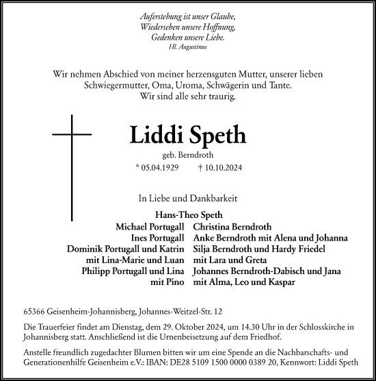 Traueranzeige von Liddi Speth von Rheingau Kurier