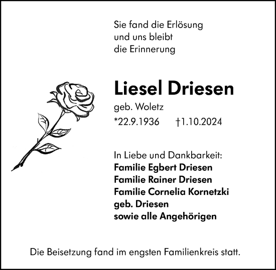 Traueranzeige von Liesel Driesen von Wetzlarer Neue Zeitung