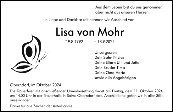 Traueranzeige von Lisa von Mohr von Wetzlarer Neue Zeitung