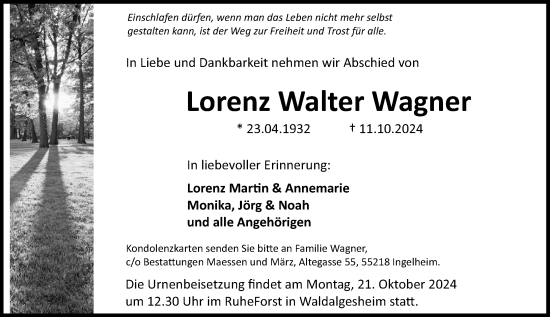 Traueranzeige von Lorenz Walter Wagner von Allgemeine Zeitung Rheinhessen-Nahe